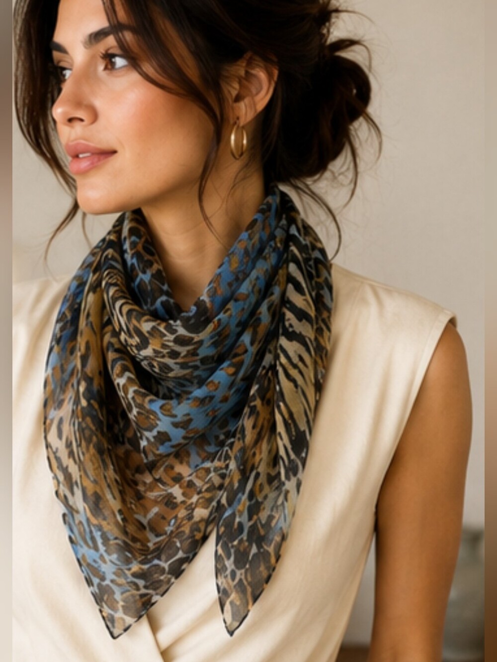 100% SILK NEW Long Fashion Scarf / Wrap – Blue/Tan – ANIMAL PRINT